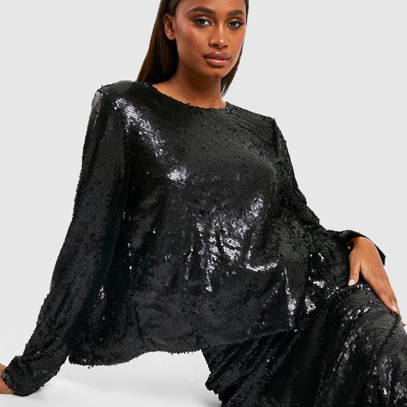 NWT BLACK FESTIVE SEQUIN OPEN BACK TOP - Picture 3 of 8